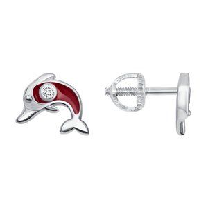 STERLING SILVER 925 RED ENAMELED DOLPHIN KIDS SCREW STUD EARRINGS